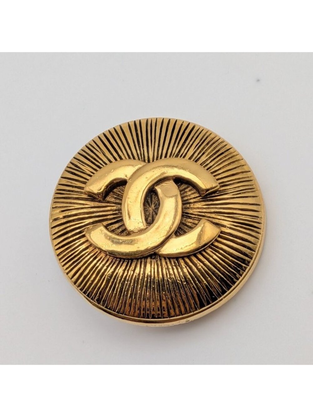 Chanel Brooch CC Logo Gold Round Radiant Pattern First Era Vintage